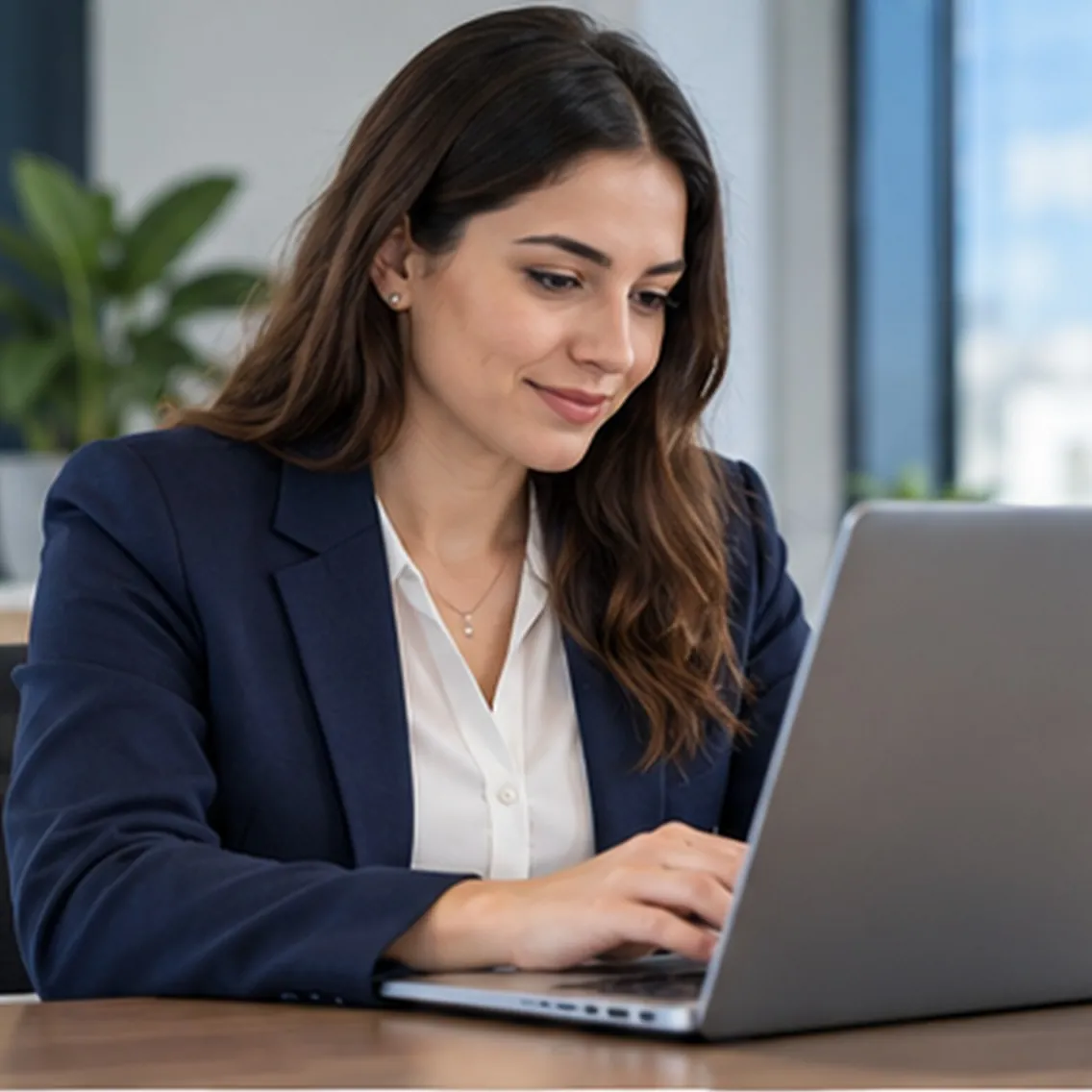 Gestora respondiendo consultas desde la computadora de la oficina